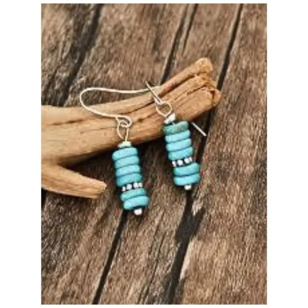 Southwestern Faux Turquoise Flat Stacked Beads Pendant Earrings Minimalist Boho